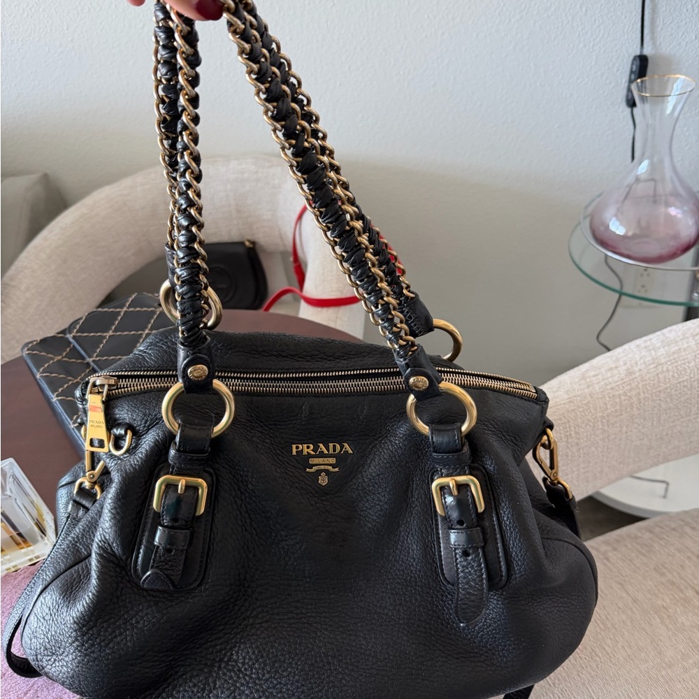Prada Nappa Black Leather Shoulder Bag with Gold Chain Accents